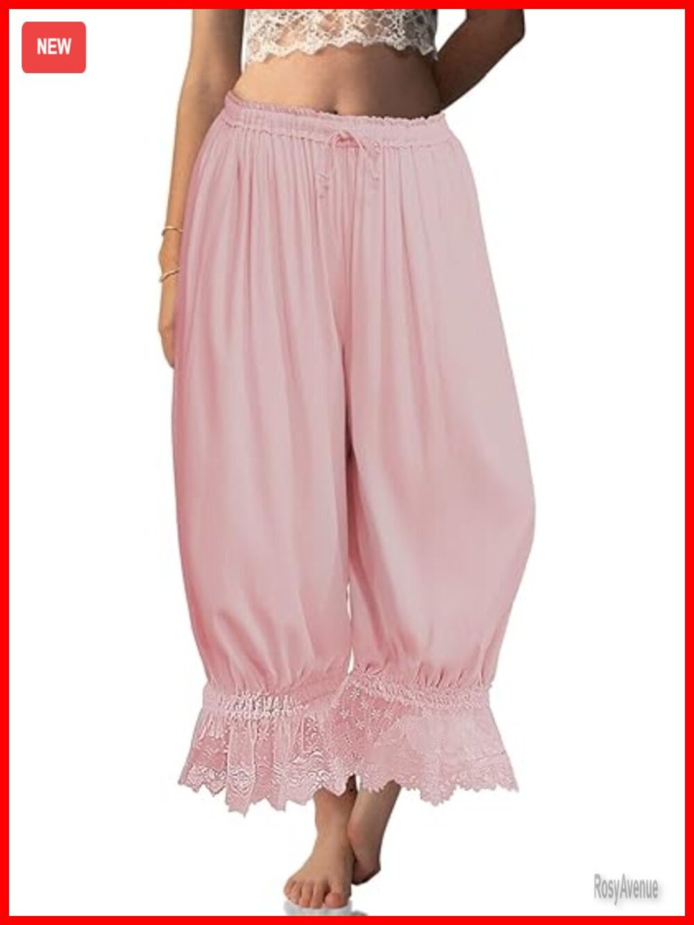 Women Linen Lace Trim Long Bloomers Pants Ruffle Victorian Pantaloons Summer